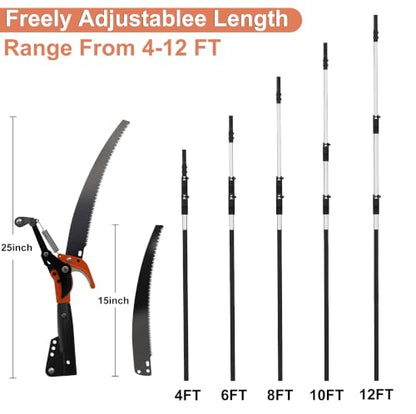 20FT Reach Manual Pole Saw, 2-in-1 Pole Pruner for Tree Trimming, 4-Section 5-12FT Retractable Square Pole, Labor-Saving Pulley & Hardened Steel Blade for Fruit, Palm, High Orchard Branches