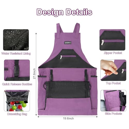 Garden Apron,Harvest Aprons with Drawstring Bag and Pockets for Women and Men,Canvas Fruit Picking Apron - color: Purple