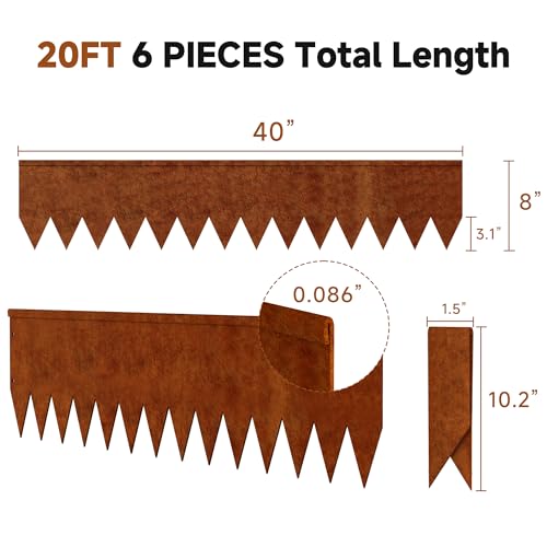 20ft.Cor-Ten Weathering Steel Landscape Edging(6 Pack)-8"x40"- Pre-Rusted Garden Edging with 7 Clips & Gloves - Durable,Flexible, Easy-to-Install for Landscaping,Tree Rings,Lawn & Garden - color: Rust, size: 8x40in