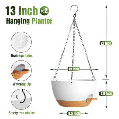 13 Inch Large Self Watering Hanging Planters 2 Pack with Saucers - color: White Brown, size: 13 Inch 2 Pack