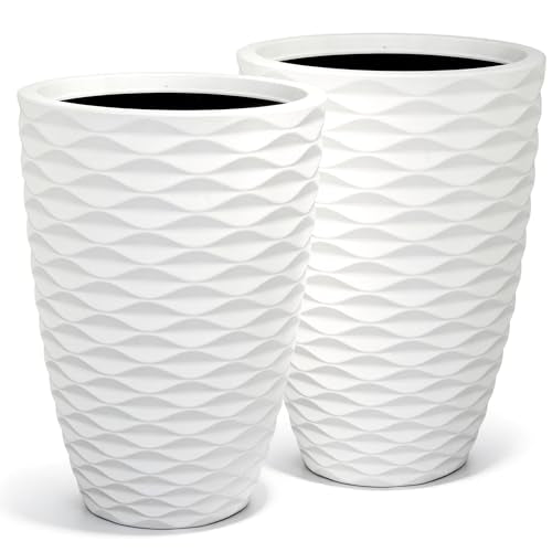 2-Pack 19" White Resin Tall Outdoor Planters with Wave Texture - color: 19"h-white Wavy