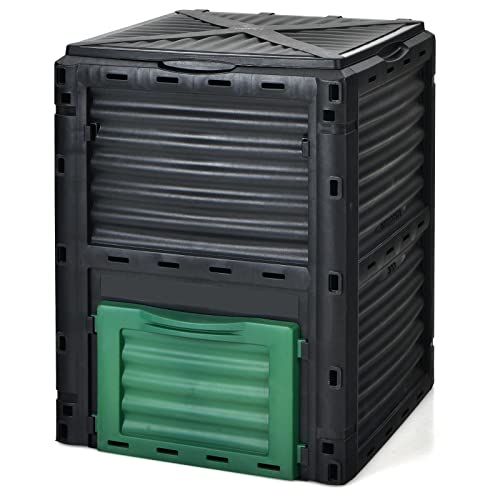 Goplus Compost Bin, 80 Gallon (300 L) Large Outdoor Composting Box w/Top Flip Latch-on Lid, Bottom Exit Door, BPA Free Material, Grass Food Trash Composter Barrel for Garden Yard, Easy Assembly - color: Green, size: 80 Gallon