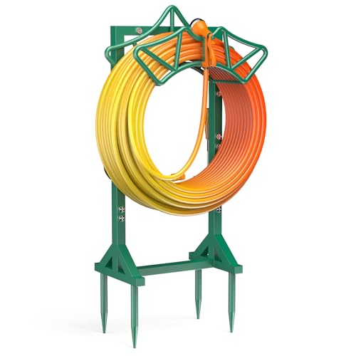 Garden Hose Holder with 2 Tool Hooks, Heavy-Duty Freestanding Hose Holder Holds 160Ft Hoses, Rustproof Freestanding Hose Stand with 4 Spikes Water Hose Hanger Storage Reel Rack for Outside, Yard, Lawn - color: Green, size: Crown