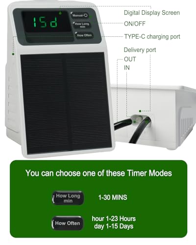 Solar Automatic Drip Irrigation System, 15 Pot Self Watering System with 2200mAh, IPX5 Waterproof, USB-C & Solar Charging, Timer Modes for Indoor/Outdoor Garden, Balcony & Patio