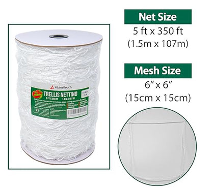 AlpineReach Trellis Netting 5 x 350 ft Heavy Duty Polyester White - 6 Inch Mesh Support Twine for Growing High Yield Tomatoes, Peas, Vine Climbing Plants Fruits Vegetables