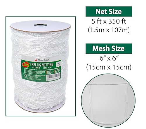 AlpineReach Trellis Netting 5 x 350 ft Heavy Duty Polyester White - 6 Inch Mesh Support Twine for Growing High Yield Tomatoes, Peas, Vine Climbing Plants Fruits Vegetables