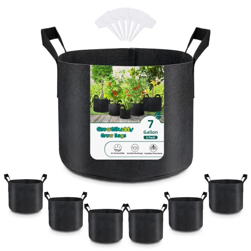 GreatBuddy Grow Bags 7 Gallon 6-Pack, Heavy Duty Fabric Grow Bags with Handles for Vegetables, Herbs, and Tomatoes, Fabric Pots & Planting Bags for Outdoor Home Gardening - size: 7 Gal