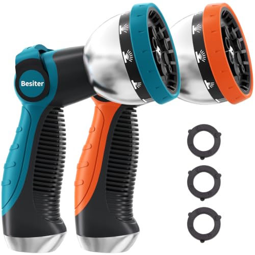 Besiter Garden Hose Nozzle Sprayer: 2 Pack 10 Watering Patterns Spray Nozzles Heavy Duty Metal Hose Head Hose Attachment, Thumb Control On Off Valve Blue Orange - color: BlueOrange