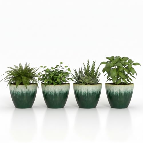 8 inch Plant Pots with Drainage Holes, Pack of 4 Plastic Flower Pots Indoor, Modern Glossy Finishing Planter for Indoor Outdoor Plants (Green Glaze, 4 Pack) - color: Green Glaze, size: 4 pack