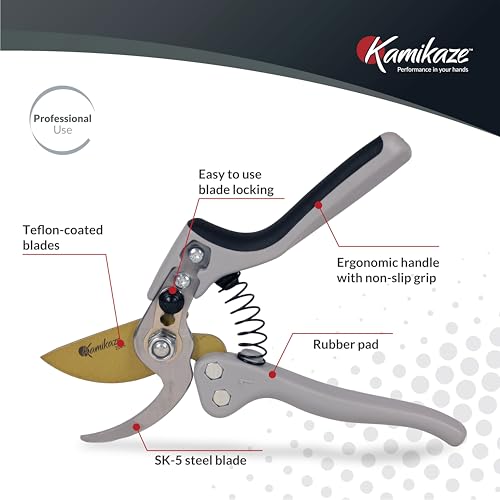 KAMIKAZE Heavy-Duty Professional Pruning Shears for Gardening, Ergonomic Comfort Handle, SK5 High-Carbon Steel Bypass Blade, Cuts Branches Up to 1 Inch, Garden Clippers for Tree and Shrub Trimming - style: Medium Handle Bypass