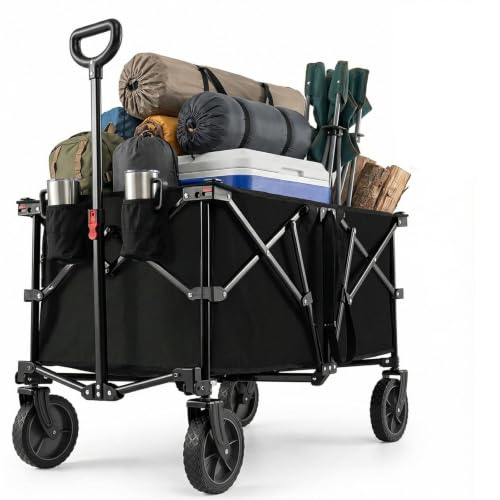 Goplus 38" Collapsible Wagon Cart, 400 LBS Heavy-Duty Folding Beach Wagon with All-Terrain Wheels & 2 Cup Holders, 180 L Portable Utility Cart with Adjustable Handle for Camping, Shopping (Black-Plus) - color: Black-plus