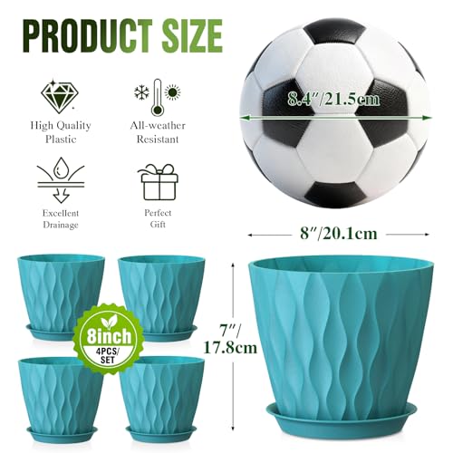 8 Inch Plant Pots 4 Pack Plastic Planters with Drainage & Saucers - color: Blue