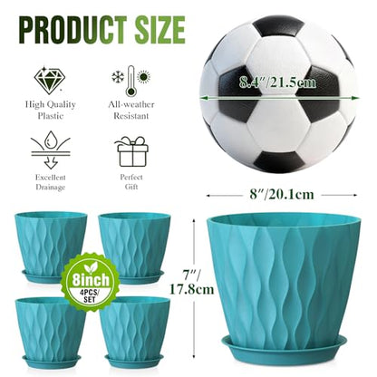 8 Inch Plant Pots 4 Pack Plastic Planters with Drainage & Saucers - color: Blue