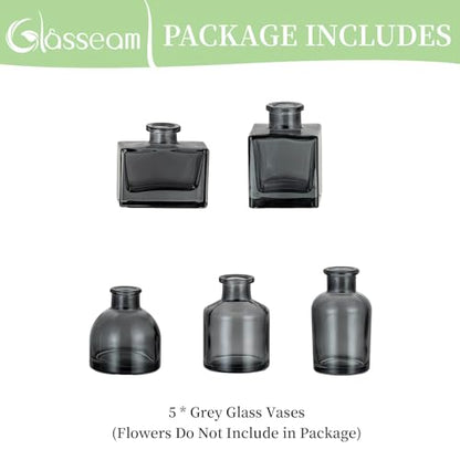 Glasseam Small Vases for Flowers, Mini Smoke Gray Glass Bud Vases Set of 5 - color: Gray, size: 5Pcs- Mini Vases