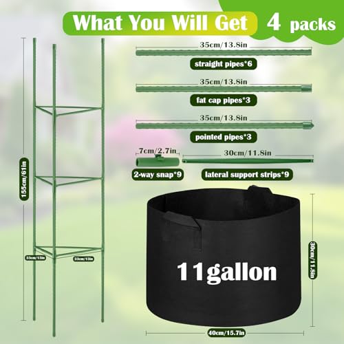 4 Pack Tomato Cages 55 x 12 Inch for Garden with 11 Gallon Round Planter