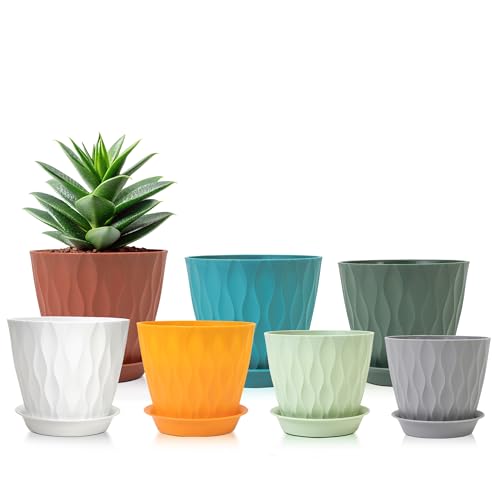 GARDIFE 7 Pack Plant Pots 4-7 inch with Drainage Holes and Tray, Red - color: Color-red