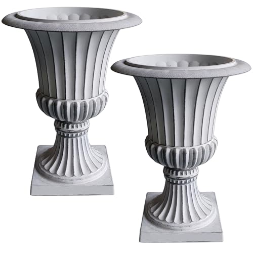 Urn Planters 22", Set of 2, Tall Stone-Resin Pedestal Planters for Outdoor Plants, Large Front Porch Decor, Patio Garden Pots, Outdoor Urns for Entryway, Porch & Deck, White Plant Pot - color: Weathered White
