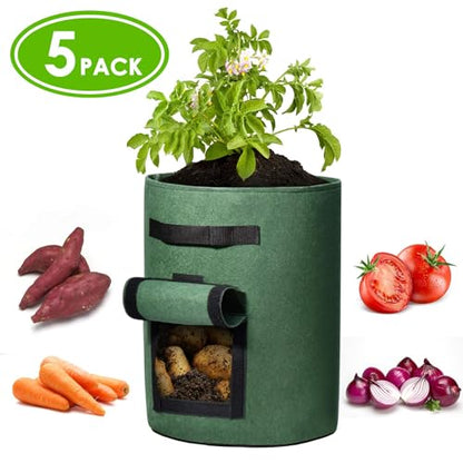 Delxo 5 Pack 7 Gallon Potato Growing Bags, Planter Garden Grow Bags with Flap, Double Layer Breathable Nonwoven Cloth for Planting,Vegetable,Tomato,Aeration Fabric Pots with Handles Green - size: 7 Gallon