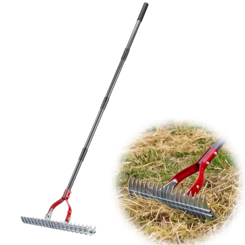 Suchtale Thatch Rake for Lawn, 15" Adjustable Manual Dethatcher Rake