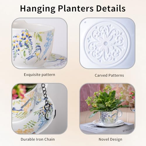 TEATALK Hanging Planters for Indoor Plants, Ceramic Pots with Drainage Hole, 4 Inch Hanging Planter with Chain, Outdoor Hanging Baskets for Plants, Birds & Flowers, Cup Shape - style: Flowers Birds