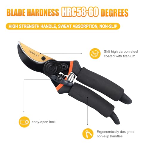 LeafLux Pruning Shears, Professional SK5 Quality Durable Titanium Plated Rust-Proof Bypass Pruning Shears with Soft Cushion Grip Handle, Hand Pruners, Clippers for Gardening, 8 Inch, LFXP1003B