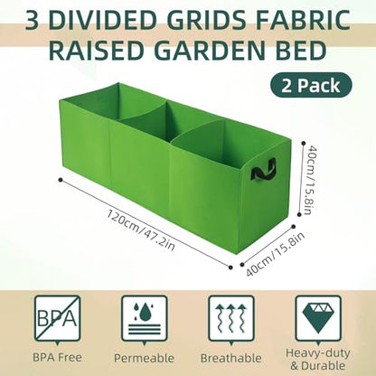 2 Pack Plant Grow Bags, 3 Divided Grids Fabric Raised Planting Bed Rectangle Raised Vegetable Planter Garden Planting Grow Pot Outdoor Planter Box for Vegetables, Flowers, Plants (Green, 120x40x40cm)