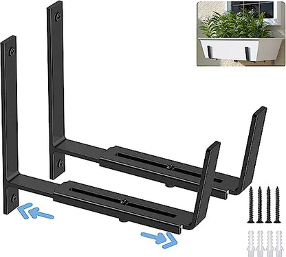 HFHOME 2 PCS Adjustable Planter Box Brackets (6 to 12.5 in), Universal Window Box Brackets, Heavy Duty Metal Flower Box Wall Mounting Hooks for Balcony, Fences, Patio, and Garden - Black - size: Set of 2 - Black