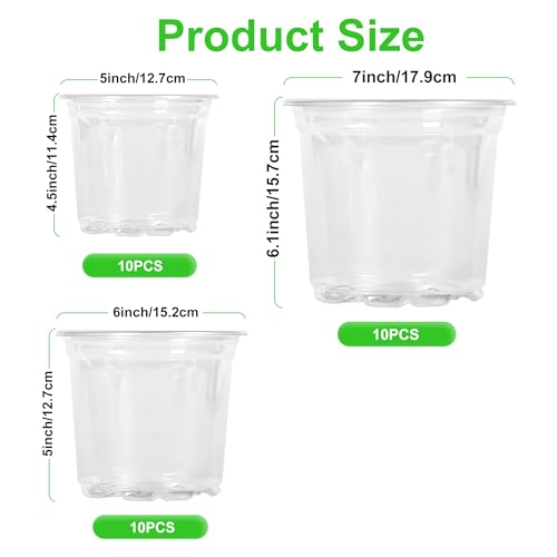 JERIA 30 Pack 5/6/7 Inch Clear Nursery Pots with Drainage Holes, Clear Plant Pot for Planting, Transparent Plastic Plant Pots,Durable Seed Starting Pot for Succulents - size: 5/6/7Inch-30Pack