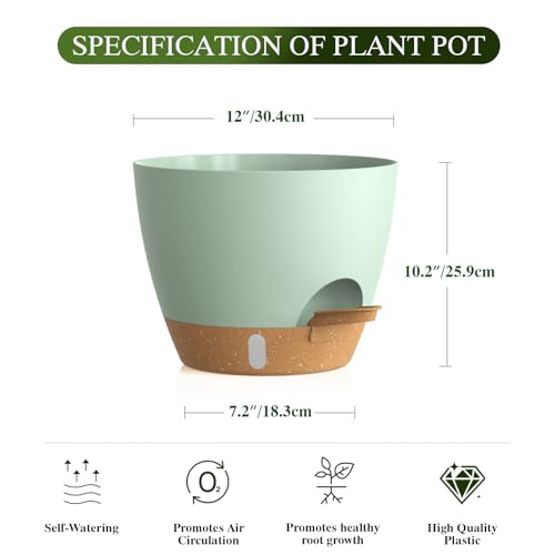 Plant Pots, 1 Pack 12 Inch Self Watering Pots with Drainage Holes, Water Level Indicator Deep Reservoir, Large Planters for Indoor Outdoor Plants - Green Brown - color: Green Brown, size: 12 in 1pcs