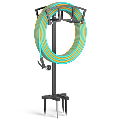 OLV Garden Hose Holder 4 Spikes, Heavy Duty Freestanding Water Hose Holder Stand Holds 150-ft Hoses, Detachable Outdoor Metal Storage Hanger Organizer Rack for Outside Yard Lawn Farm - color: All Black