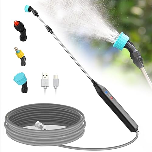 Battery Powered Sprayer Wand,23.6" Electric Sprayer Telescopic Wand with 3 Adjustable Spray Forces Portable Garden Sprayer with 16.4ft Hose 3 Water Hose Nozzle for Lawn and Garden Plant Watering