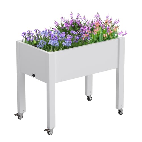 Elevated Raised Garden Bed with Wheels - Outdoor Mobile Resin Planter Box with Drainage Holes for Vegetables Flower Herbs, Weather Resistant, Ashen (26.3" h) - color: Ashen, size: 26.3"h