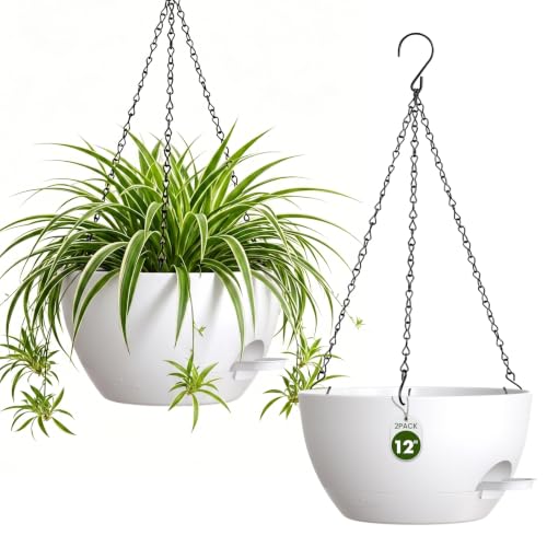 12 Inch Large Self Watering Hanging Planters 2 Pack with Saucers - color: White, size: 12 Inch 2 Pack