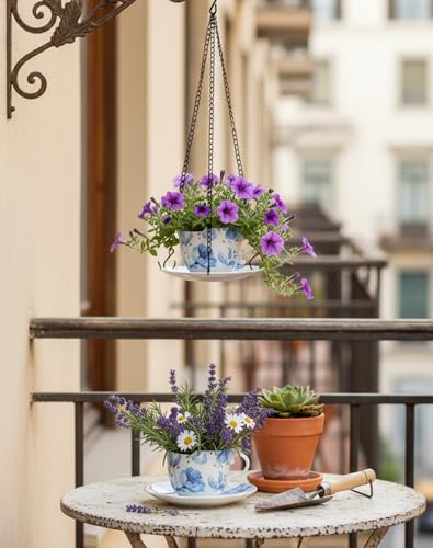 TEATALK Hanging Planters for Indoor Plants, Ceramic Pots with Drainage Hole, 6.3 Inch Hanging Planter with Chain, Outdoor Hanging Baskets for Plants, Blue Flowers, Cup Shape - style: Blue Flower