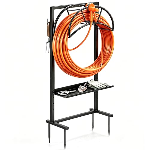 facka Garden Hose Holder Freestanding Metal Hose Stand 4-Prong Shelf Hooks