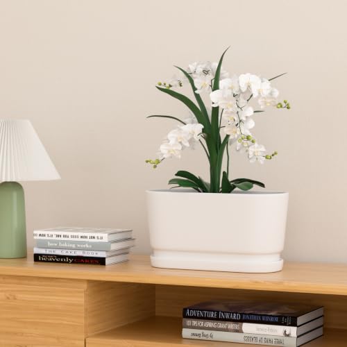 13" Rectangular Ceramic Planter with Drainage and Saucer, White - color: Matte White, size: Large