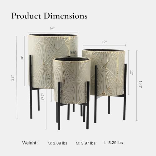 LuxenHome Planters for Indoor Plants, Set of 3 Floor Plants Pots with Stand - color: Green Gray