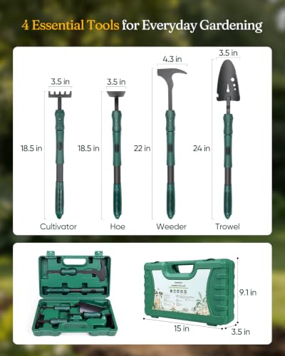 Grenebo Gardening Tool Gift Set, 4 Hand Tools with Case, Green - color: Green