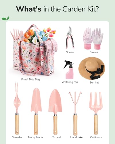 Grenebo Gardening Tools 10-Piece Garden Tool Set with Floral Bag, Pink Red - color: Pink Red