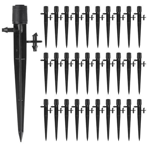 PineHaven 30 Pcs Drip Irrigation Emitters, Adjustable 0-20 GPH Drippers with Stake, 360 Degree Micro Sprinkler Heads for 1/4 Inch Tubing, Garden Lawn Flower Bed Watering System, Easy Installation ﻿