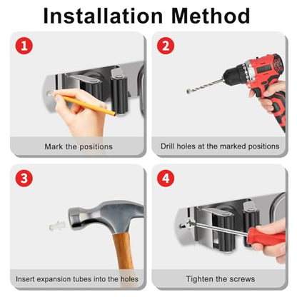 Mop Broom Holder Wall Mount, 2 Packs Silver Stainless Steel Tool Storage Organizer for Kitchen Garden Garage Laundry Room Bathroom and RV with 4 Slots 6 Hooks - color: Silver-2 Pack