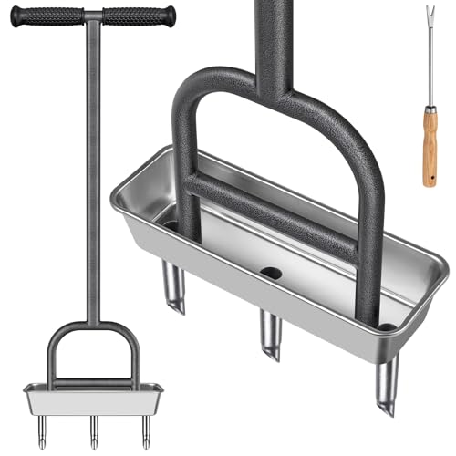 Dolibest Lawn Coring Aerator, Manual Grass Aerating Tool with Stainless Steel Soil Core Storage Tray, 3 Stainless Steel Corer Plug Aerator Tool, Garden Tool & Clean Hand Tool, Improve Lawn Health - color: A: 3 Plugs Coring Aerator with Storage Tray