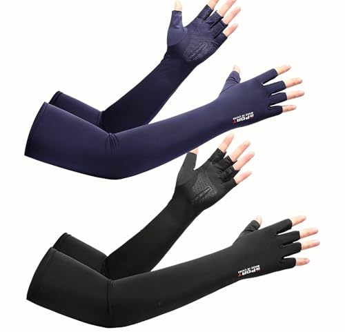 Inf-way UV Protection Armsleeves with Cut Finger Sun Gloves Men Anti-slip Fishing Driving Cycling Sports Cooling Long Sleeves - color: Black+blue