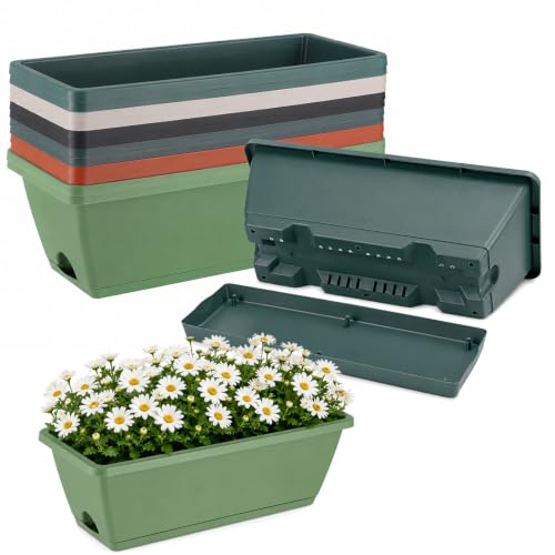 12 Pack Long Flower pots, 16.9 x 7.5 x 5.9 in Rectangular Flower Pots with Saucers and Drainage Holes, 6 Plastic Flower Pots for Vegetables, Flowers, Windowsill, Balcony, Garden