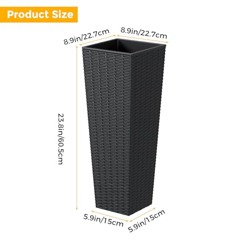 Festnight 24in Tall Planters for Outdoor Plants, Outside Black Planters Set of 2, Resin Front Porch Planters, Outdoor Planters for Porch Backyard Patio, Garden Flower Pots, 11.69x11.69x32.28in - size: 8.94x8.94x23.82in