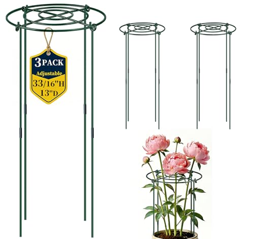 QwayHome 3Pack Peony Cages and Supports 33''H x 13''D Grow Through Large Plant Support, Adjustable High, Heavy Duty, Rust-Resistant, Round, Flower Support Cage Ring for Rose Tomato Hydrangea - size: 3Pack- 13"D x 33"H