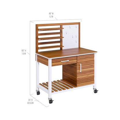 Seville Classics Home 48" Outdoor Garden Potting Bench Table – Heavy Duty Workstation, w/Cabinet, Drawer & Open Shelf, Acacia Wood & Steel Frame, White, 48" W x 25" D - color: White