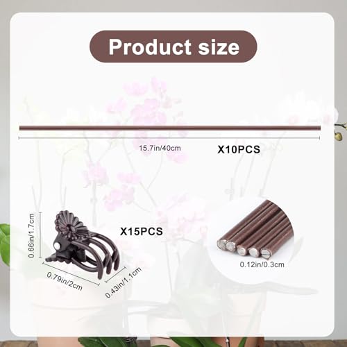 10Pcs Plant Support Stakes with 15pcs Plant Clips,15.7 Inches Bendable Plant Sticks for Indoor and Outdoor Plants,Single Stem Flower Stakes for Phalaenopsis Orchid Flower Roses(Brown) - color: Brown