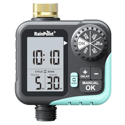 RAINPOINT Sprinkler Timer for Garden Hose - Hose Timer with Cycle & Soak/Rain Delay/Automatic Watering/Manual Watering, Programmable Irrigation System with Large Display for Lawn, Yard, Brass Inlet - color: Mint Green