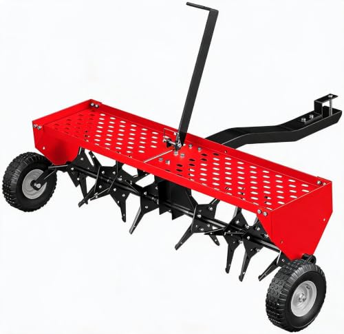 Garvee 48-Inch Tow Behind Plug Aerator,Pull Behind Aerator with Durable Steel Tines Lawn & Tray and Pneumatic Tires Tow Behind Spike Aerator for Lawn, Farm,Planting - color: Black + red, size: 48in